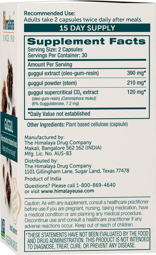 Himalaya Guggul, Cholesterol Supplement For Healthy Ldl, Hdl, And Triglyceride Levels, 750 Mg, 60 Vegetarian Capsules, 1 Month Supply, 2 Pack