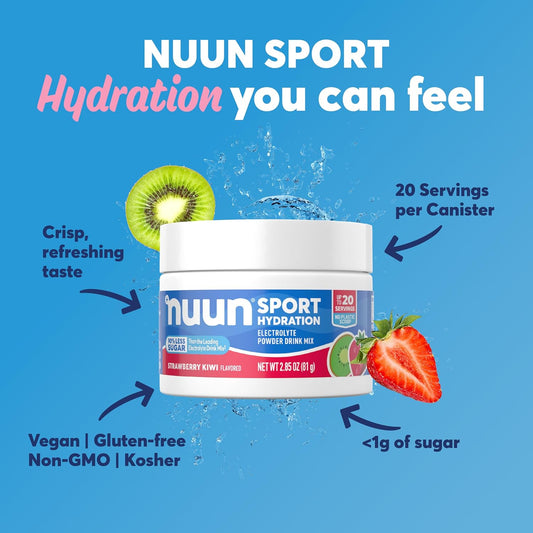 Nuun Sport Electrolyte Powder Canister - Strawberry Kiwi, 5 Essential Electrolytes For Hydration, Drink Mix With 15Mg Magnesium, 1G Sugar, Non-Gmo, Vegan, Up To 20 Servings