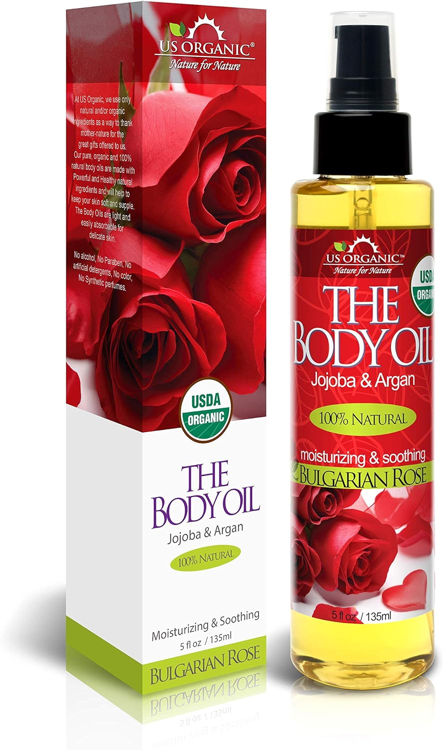 US Organic Body Oil - Romantic Sexy Bulgarian Rose- Jojoba and Argan Oil with Vitamin E, USDA Certified Organic, No Alcohol, Paraben, Artificial Detergents, Color or Synthetic perfume (Bulgarian Rose)