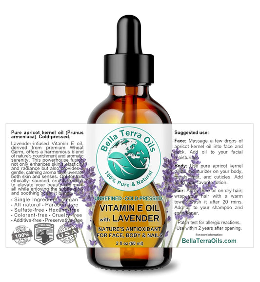 Bella Terra Oils - Organic Vitamin E Oil with Lavender 2 oz - Luxuriously Infused, Richest Source of D-Alpha Tocopherol, Organic Wheat Germ Derived, a Sublime, Nutrient-Dense Face Oil