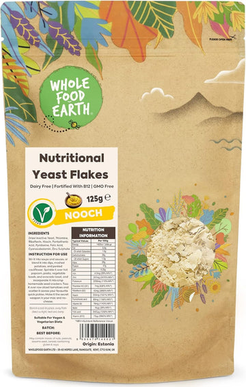 Wholefood Earth Nutritional Yeast Flakes (Nooch) 125G | Dairy Free | Fortified With B12 | Gmo Free (Pack Of 2)