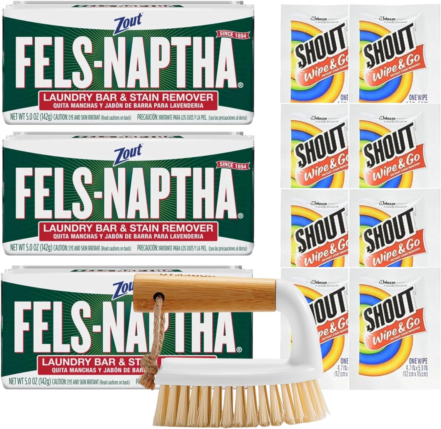 Fels-Naptha Laundry Detergent Bar Soap and Stain Remover Bundle - Includes 3 (5-ounce) Fels Naptha Laundry Bar, 8 Shout Wipes, Eco Bamboo Scrub Brush, DIY Detergent Recipe by Foxtail Collective