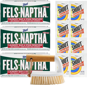 Fels-Naptha Laundry Detergent Bar Soap and Stain Remover Bundle - Includes 3 (5-ounce) Fels Naptha Laundry Bar, 8 Shout Wipes, Eco Bamboo Scrub Brush, DIY Detergent Recipe by Foxtail Collective