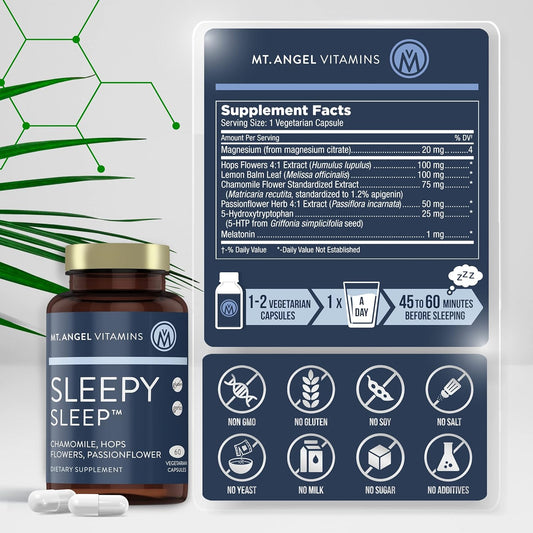 Mt. Angel Vitamins - Sleepy Sleep - Natural Sleep Aid For Adults With Melatonin And Plant Extracts - Non-Habitual Sleep Supplement - 60 Capsules