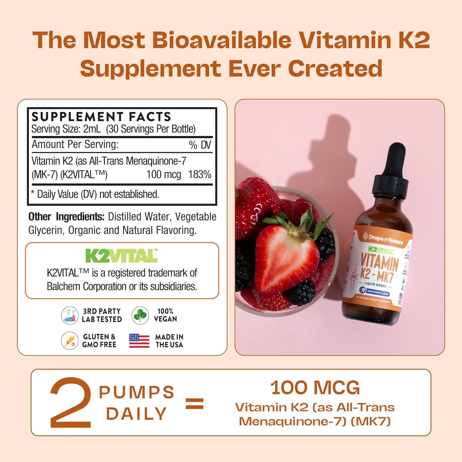 Vitamin K2 Mk7 Liquid Supplement – Pure K2Mk7 Menaquinone-7 (100 Mcg) – Vegan, Non-Gmo & Fast-Absorbing – Daily K2 Vitamin Supplement For Bone Strength & Cardiovascular Support (Mixed Berry, 60Ml) : Health & Household