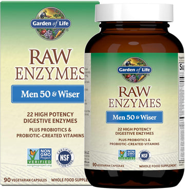 Garden of Life 22 Digestive Enzymes for Men 50 & Over with Bromelain, Papain & Lactase Plus Probiotics & Vitamins B12, Biotin & Zinc ? RAW Enzymes ? Non ? GMO, Gluten-Free, Vegetarian, 90 Capsules