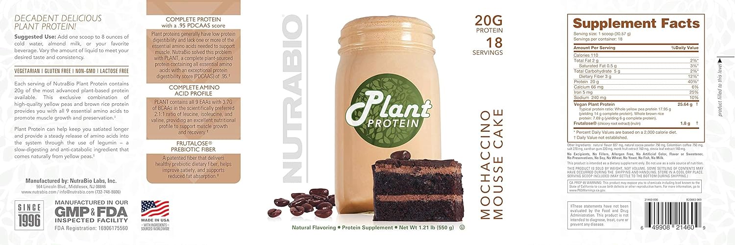 NutraBio Plant Protein – Complete Amino Acid Profile – 20G of Protein per Scoop – Gluten and Dairy Free, Zero Fillers, Naturally Sweetened, Non-GMO, USA Made Protein Powder - Mochaccino Cake : Health & Household