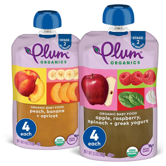 Plum Organics Stage 2 Organic Baby Food Pouches Bundle - 3.5 Oz Pouch (Pack Of 8) - Peach, Banana, And Apricot - Apple, Raspberry, Spinach, And Greek Yogurt - Organic Fruit And Vegetable Baby Food