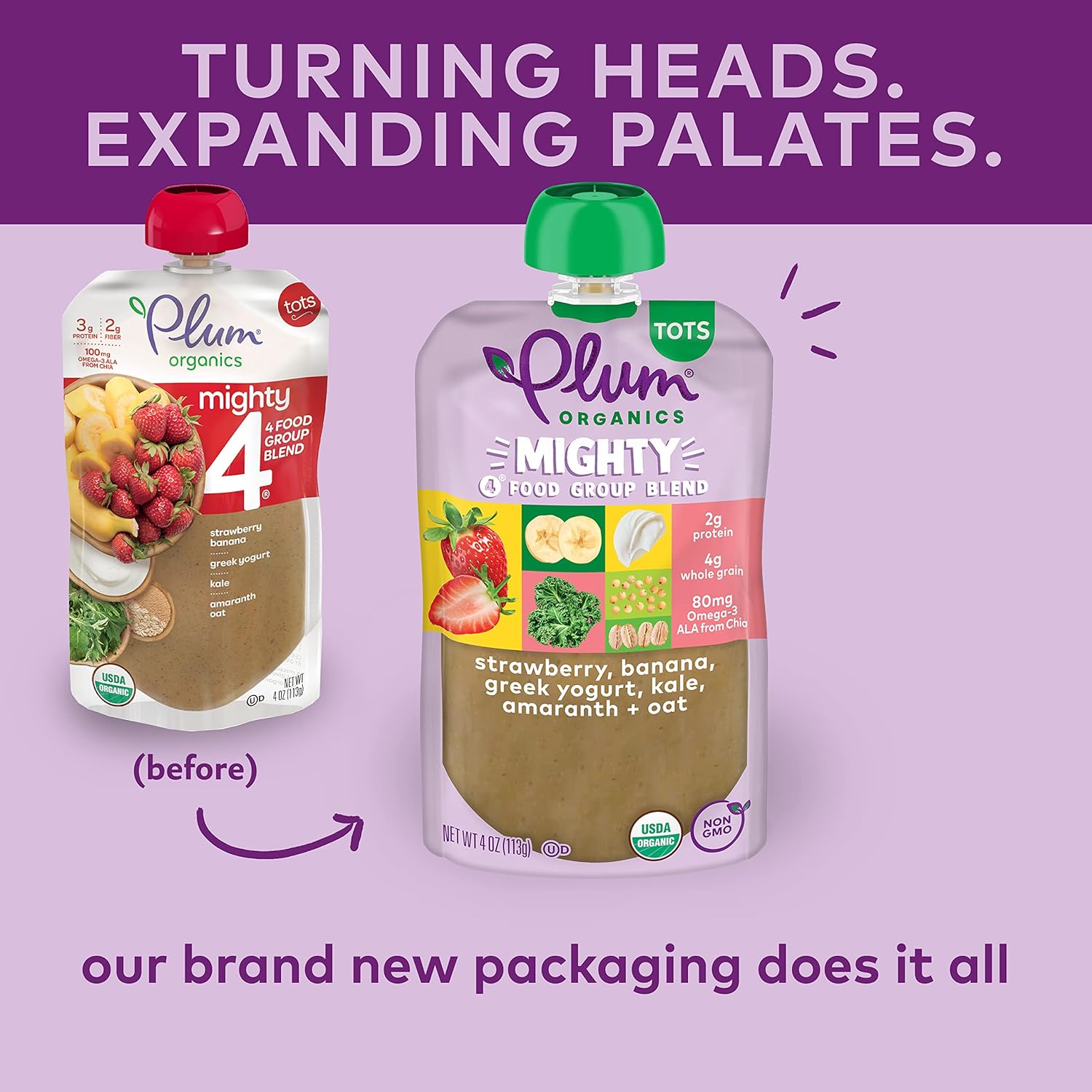 Plum Organics Mighty 4 Organic Toddler Food - Strawberry, Banana, Greek Yogurt, Kale, Amaranth, and Oat - 4 oz Pouch (Pack of 6) - Organic Fruit and Vegetable Toddler Food Pouch