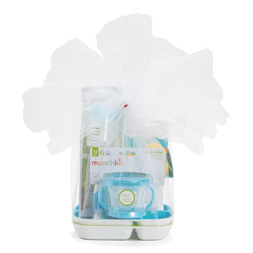 Munchkin® New Beginnings Baby Gift Set, Includes Feeding Utensils, Divided Plates, Bottle Brush, Bath Toy And Teether, Blue