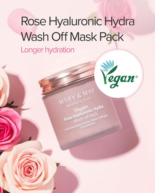 Mary&May Vegan Rose Hyaluronic Hydra Wash Off Mask - Rose Petal And Damask Rose Water Cream Mask For Moisturizing, Exfoliation, And Blackhead Removal - Korean Skincare, 4.23Oz