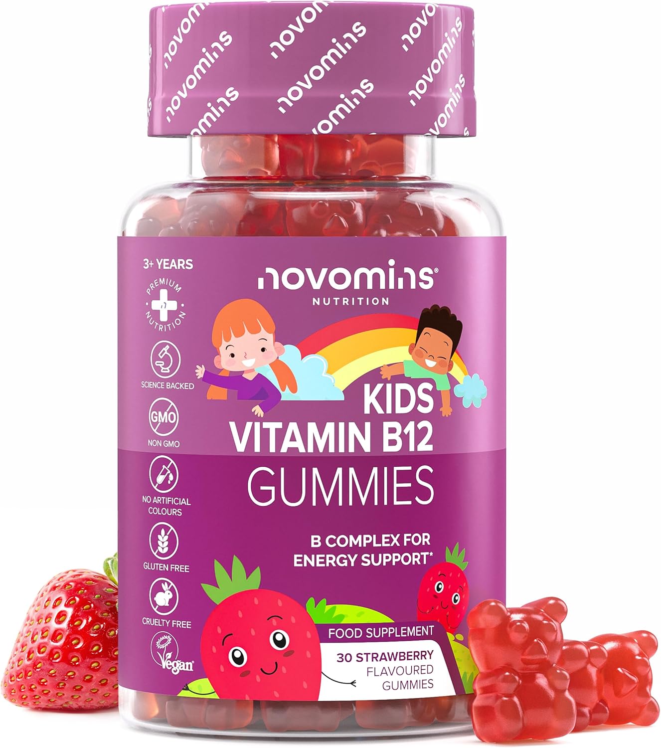 Kids Vitamin B12 Gummies - 1 Month Supply - Vitamin B Complex Enriched With B1, B2, B6, Biotin - Energy & Metabolism Support - Alternative To B12 Vitamin B12 Tablets High Strength - Novomins