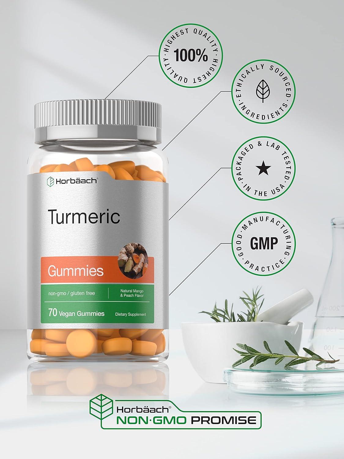 Horbäach Turmeric Curcumin Gummies | 70 Count | Mango & Peach Flavor | Turmeric and Ginger Root Gummy Supplement | Vegan, Non-GMO & Gluten Free : Health & Household