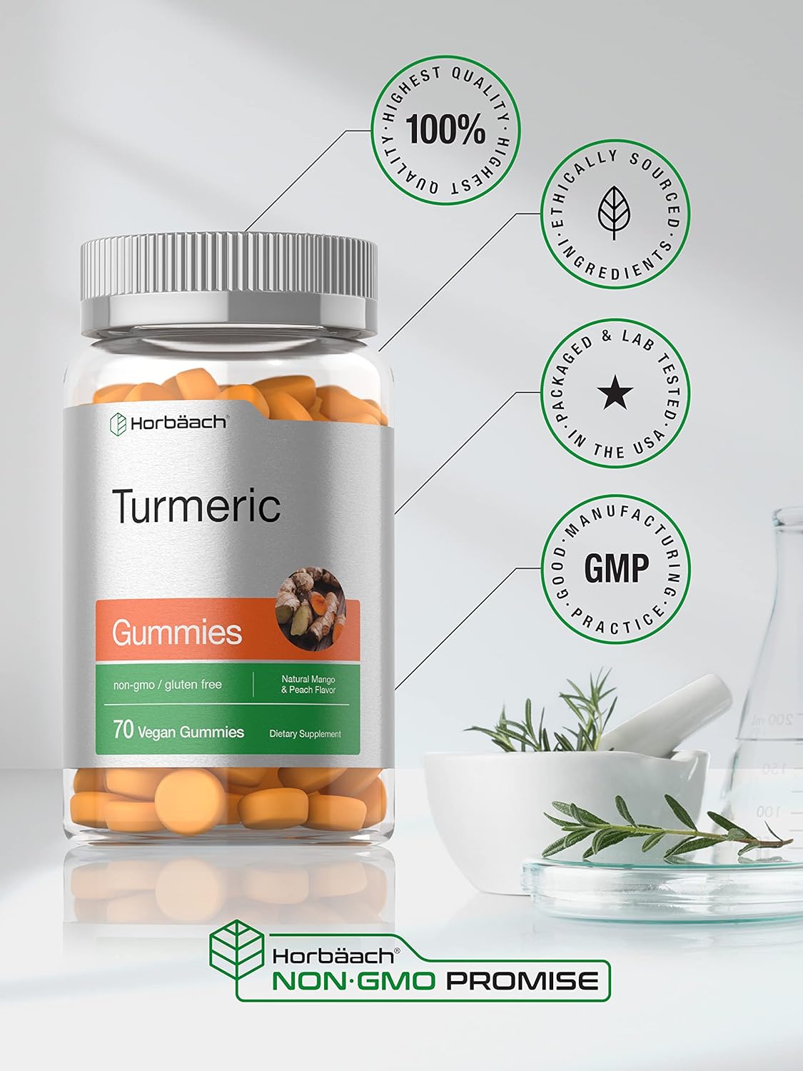 Horbäach Turmeric Gummies | 70 Count | Mango & Peach Flavor | Turmeric Curcumin with Ginger | Vegan Non-GMO & Gluten Free Supplement : Health & Household