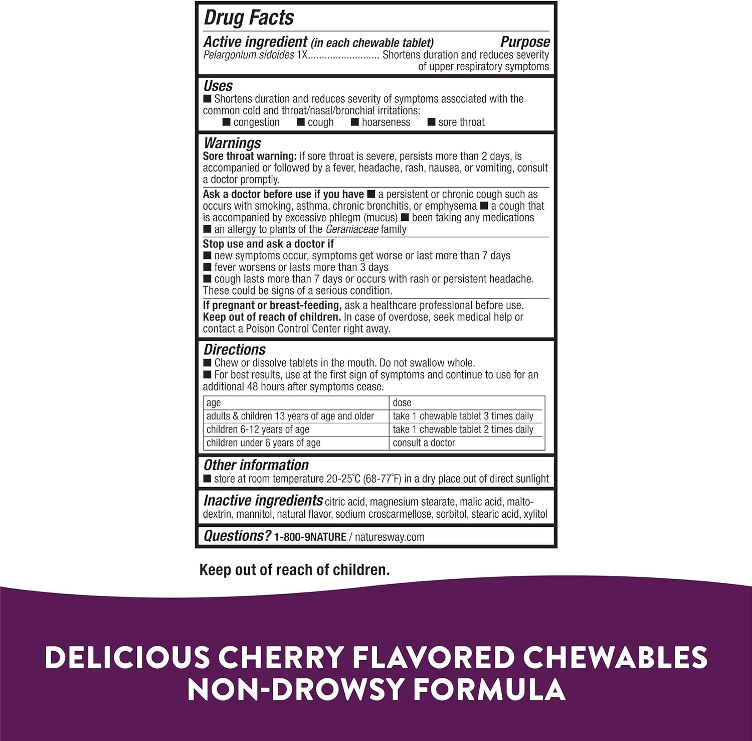 Nature's Way Cold Relief for Kids 6+, Umcka, Shortens Duration & Reduces Severity, Multi-Symptom Cold Relief, Homeopathic, Phenylephrine Free, Cherry Flavored, 10 Chewable Tablets (Packaging May Vary) : Everything Else