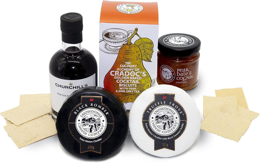 Luxury Cheese And Port Hamper With 2X Snowdonia Cheese Truckles & Chutney, Churchills Port & Cradocs Pear Crackers - From Great British Trading