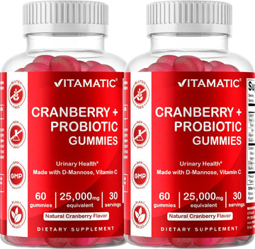 Vitamatic 2 Pack Vegan Cranberry Gummies, 25000 per Serving - Made with Probiotics, D-Mannose & Vitamin C - 60 Count - Supports Healthy Urinary Tract Function - (Non-GMO, Gluten Free)