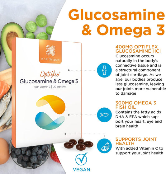 Healthspan Glucosamine & Omega 3 | 120 Capsules | Joint Health | Added Vitamin C | 400Mg Optiflex Glucosamine Hci | 300Mg Omega 3 Fish Oil | Highly Purified & Sustainably Sourced