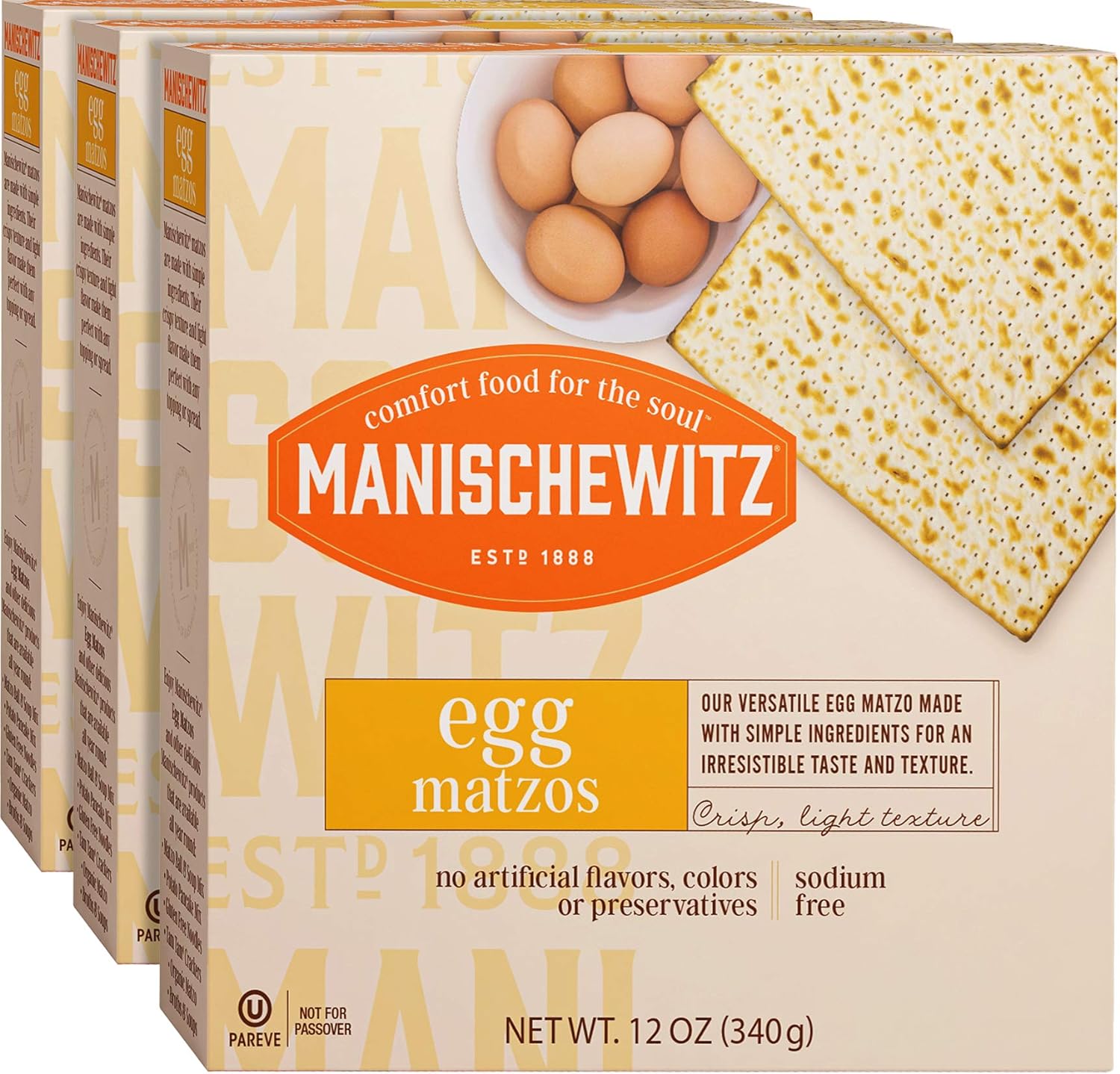 Manishewitz Egg Matzo 12oz (3 Pack) Kosher (Not For Passover), Thin, Crisp & Light Texture, Sodium Free, No Artificial Flavors, Colors or Ingredients