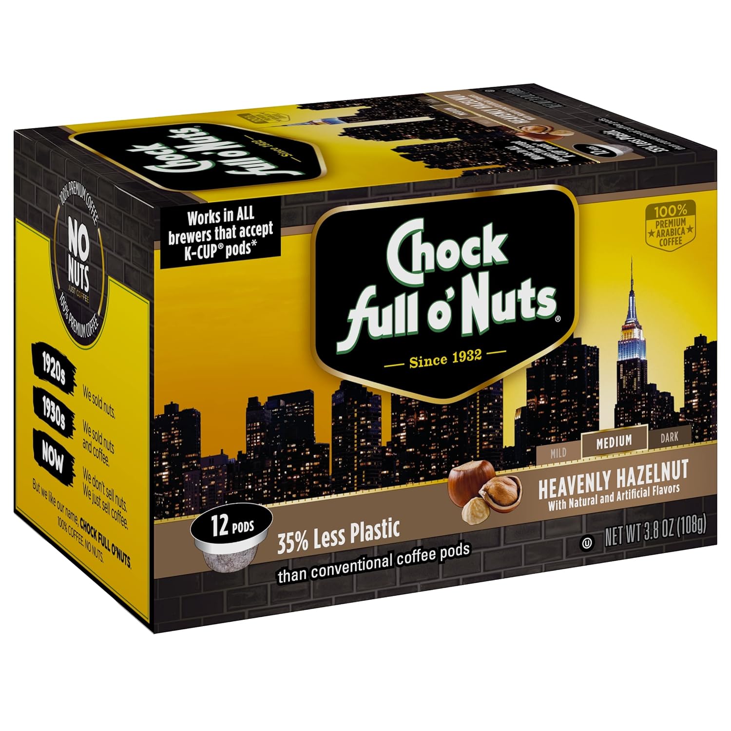 Chock Full o’Nuts Heavenly Hazelnut Medium Roast, K-Cup Compatible Pods (12 Count) - Arabica Coffee in Eco-Friendly Keurig-Compatible Single Serve Cups