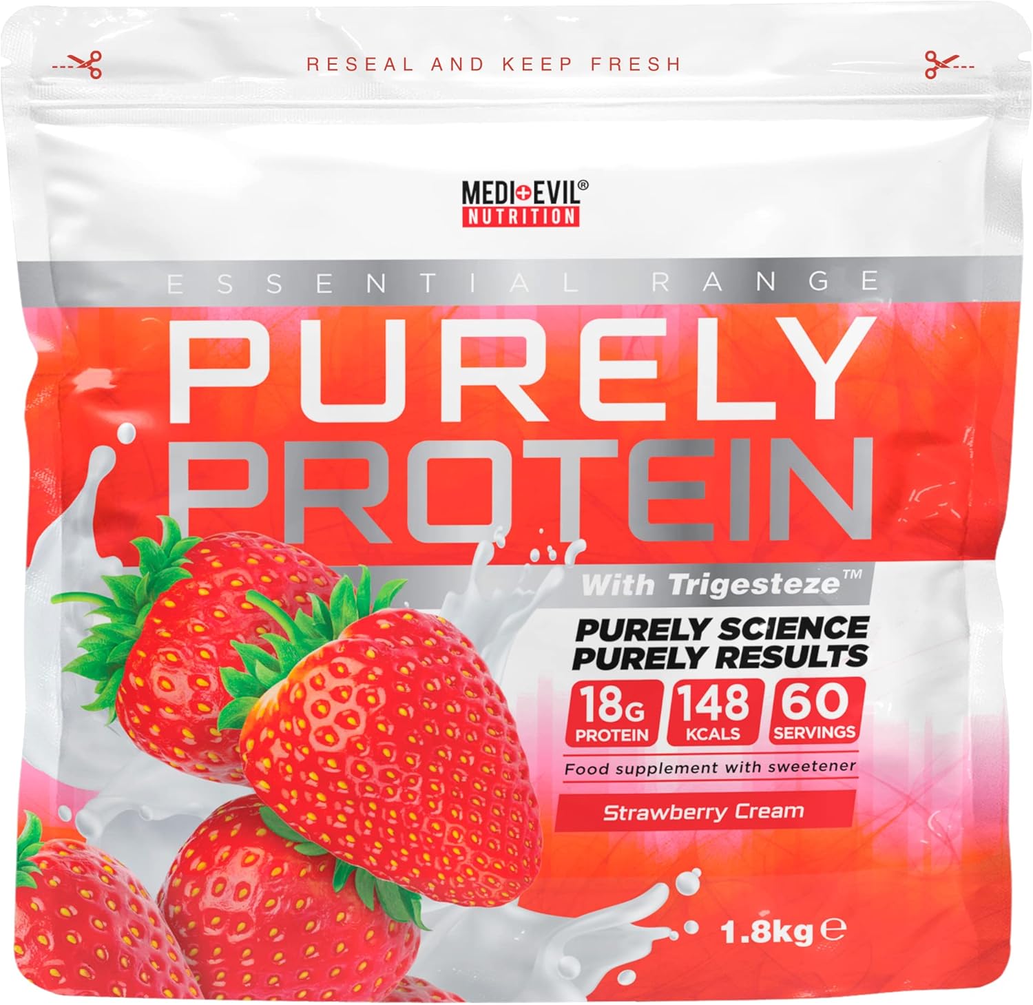 Medi-Evil Nutrition Purely Protein, Whey Protein Powder, Strawberry Cream Flavour 1.8Kg 60 Servings For Muscle Growth And Muscle Recovery