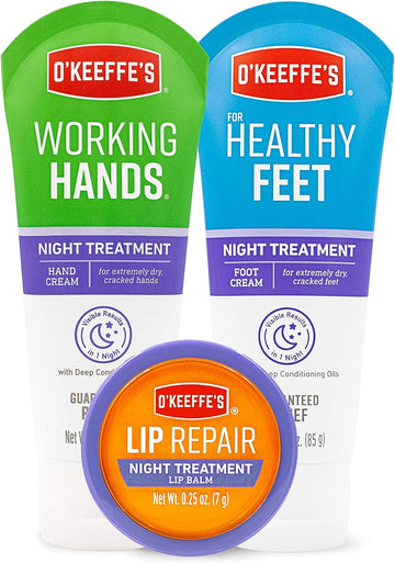 O'Keeffe's Night Treatment Combo Pack Including Working Hands Night Treatment Hand Cream, Healthy Feet Night Treatment Foot Cream and Lip Repair Night Treatment Lip Balm
