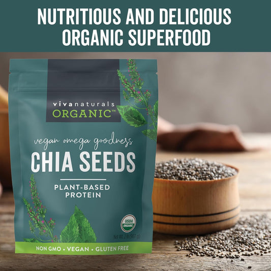 Viva Naturals Organic Chia Seeds 2 LBs - Plant-Based Omega-3 and Vegan Protein, Non-GMO Chia Seeds Organic Perfect for Smoothies, Salads and Chia Seed Pudding, Black Chia Seeds Bulk