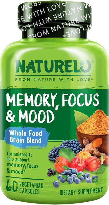 NATURELO Whole Food Brain Blend Supplement, Helps Support Memory, Focus and Mood - 60 Vegetarian Capsules