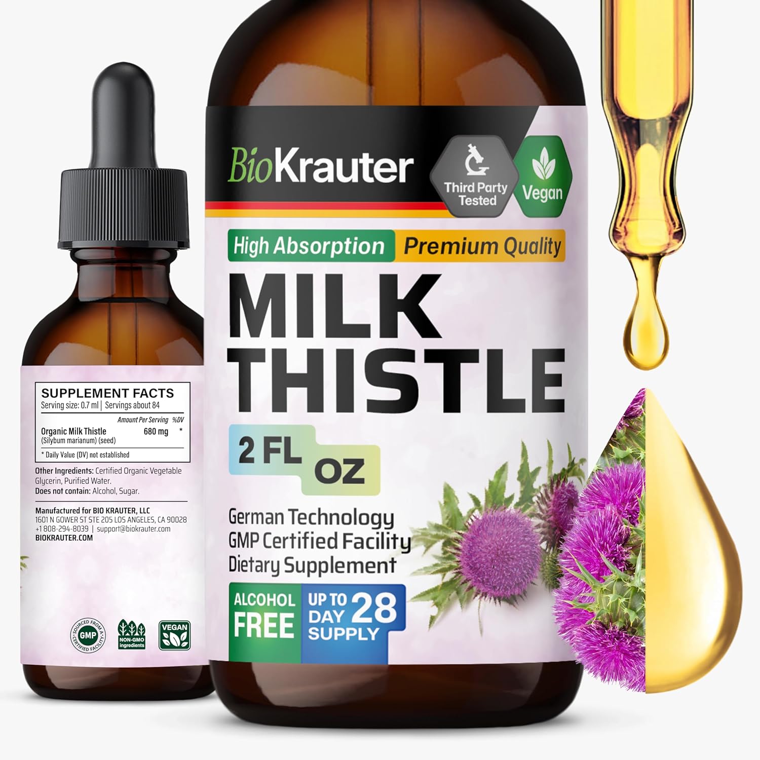 Bio Krauter Milk Thistle Extract Liquid - Silymarin Milk Thistle Supplement - Vegan, Alcohol & Sugar Free Liver Cleanse Detox Drops - 4 Fl Oz