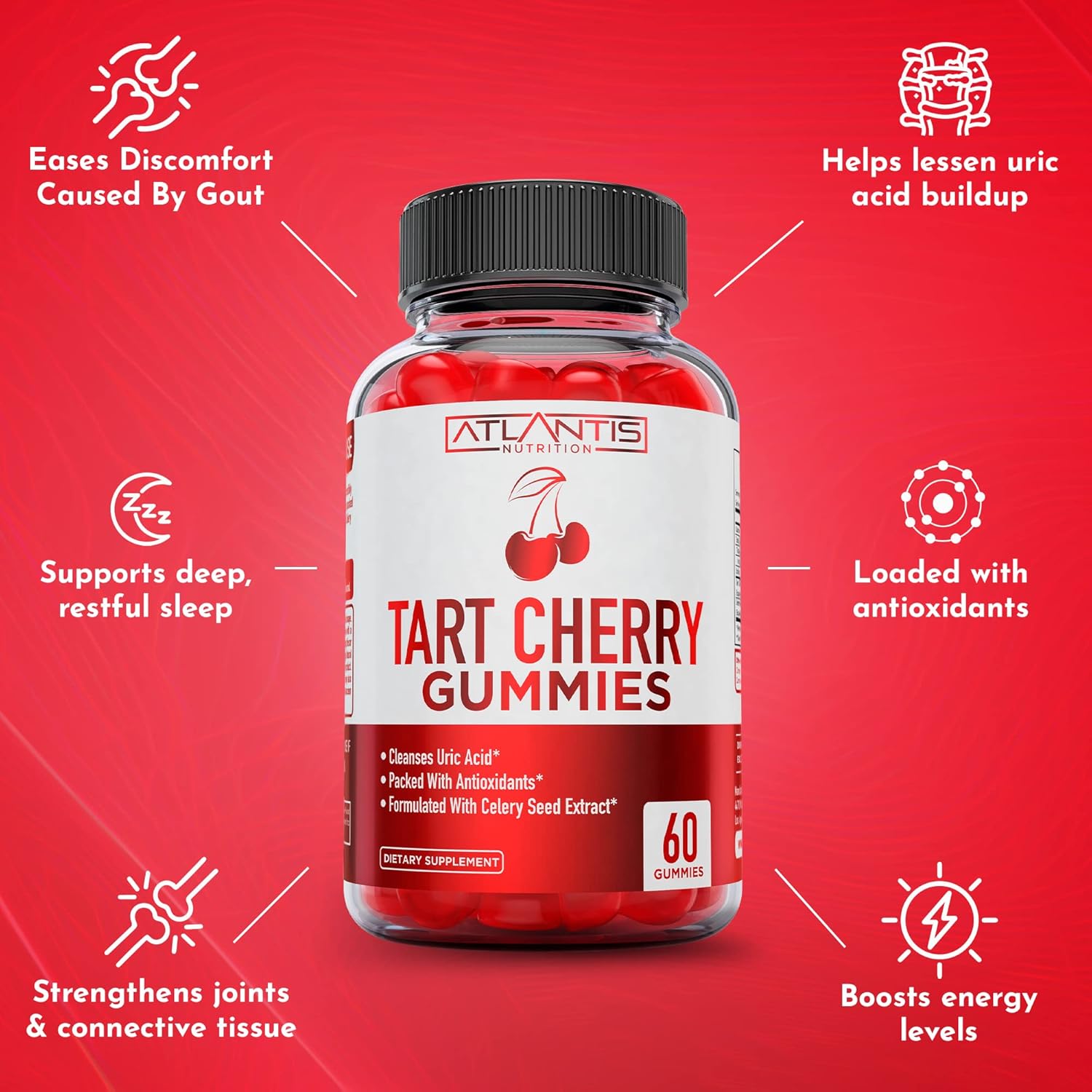 Atlantis Nutrition Tart Cherry Gummies With Celery Seed Extract - Advanced Uric Acid Cleanse For Immediate Gout Relief, Joint Relief & Recovery | Powerful Antioxidant With Joint Support - 60 Gummies : Health & Household