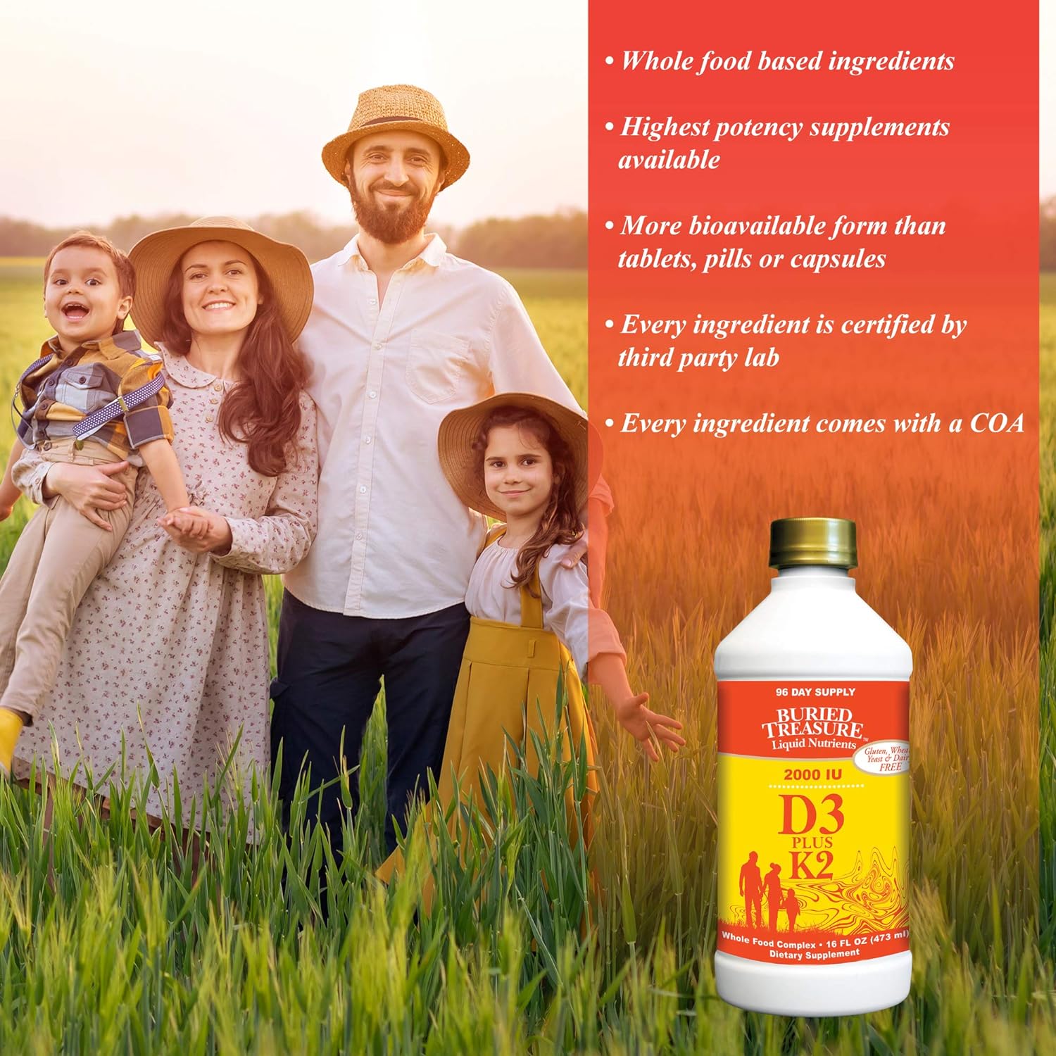 Buried Treasure Liquid Vitamin D3 Plus K2 Naturally Sourced D3 2,000 IU plus 80 mcg K2 (MK7) per 5ml serving - 96 servings - 16 fl oz : Health & Household