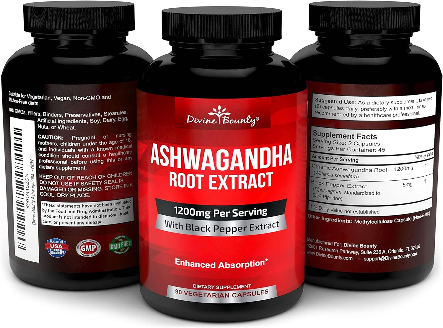 Divine Bounty Organic Ashwagandha Capsules - 1200mg Ashwagandha Powder with Black Pepper for Enhanced Absorption - Ashwaganda Supplement for Calmness & Mood Support - 90 Veggie Capsules : Health & Household