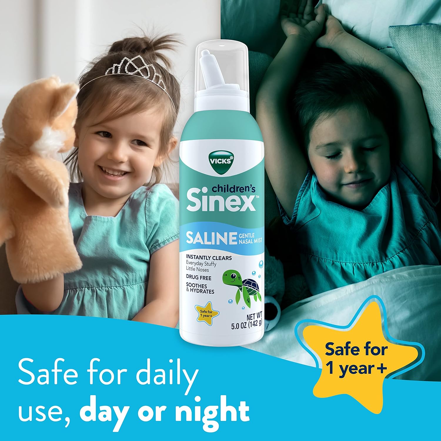 Vicks Sinex, Children's Saline Nasal Spray, Drug Free Ultra Fine Mist with Hint of Aloe, Ages 1+, Fast Everyday Stuffy Nose Relief for Kids, Clear Mucus from a Cold or Allergy, 5 OZ x 2 : Health & Household