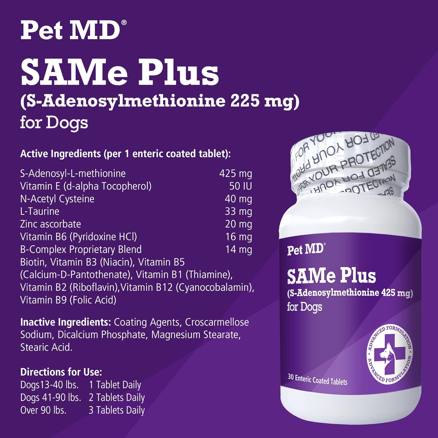 Pet MD SAMe Plus Liver Support for Dogs - Canine Hepatic Support & Brain Health Supplement - B Vitamins & SAMe for Dogs - Enteric Coated Tablets - 425mg - 30 ct : Pet Supplies