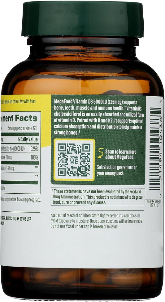 Megafood Vitamin D3 5000 Iu (125 Mcg) - Vegetarian Vitamin D Supplements With Vitamin D3 K2, Supports Bones, Teeth, Muscles & Immune Health, Certified Non-Gmo - 60 Mini Capsules, 60 Servings