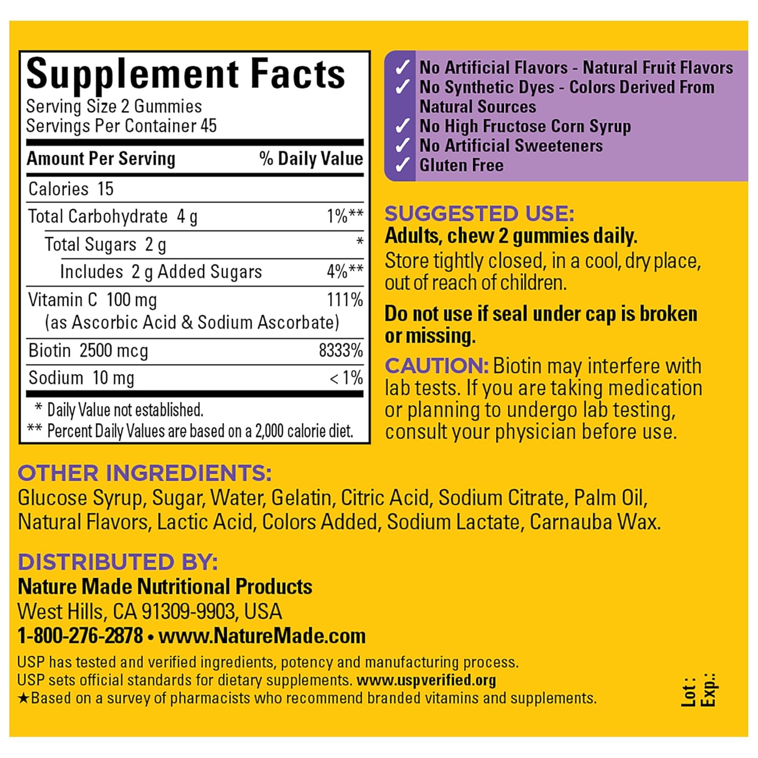 Nature Made Hair Skin And Nails With Biotin 2500 Mcg, Dietary Supplement For Healthy Hair, Skin & Nails Support, 90 Gummies, 45 Day Supply