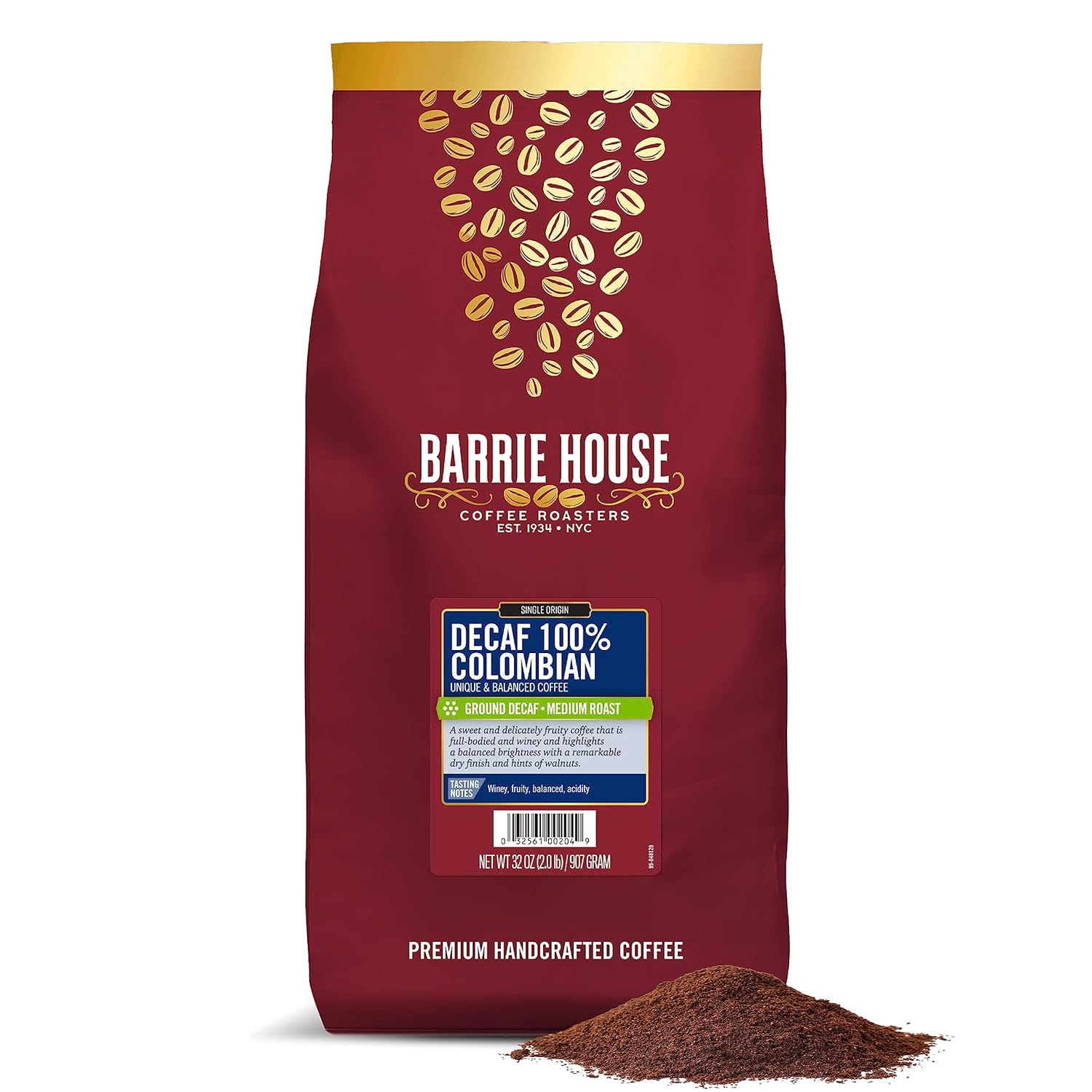 Barrie House Decaf 100% Colombian Single Origin Ground Coffee | Dark Roast | Full-Bodied Flavor I 100% Arabica Coffee Beans I 2 Lb Bag