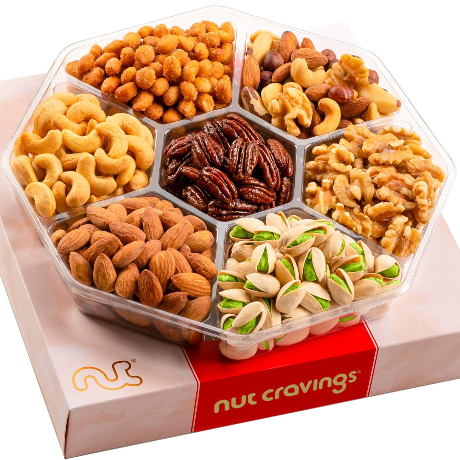 Nut Cravings Gourmet Collection - Mixed Nuts Gift Basket In Red Gold Box (7 Assortments, 1 Lb) Teacher Appreciation Arrangement Platter, Birthday Care Package - Healthy Kosher