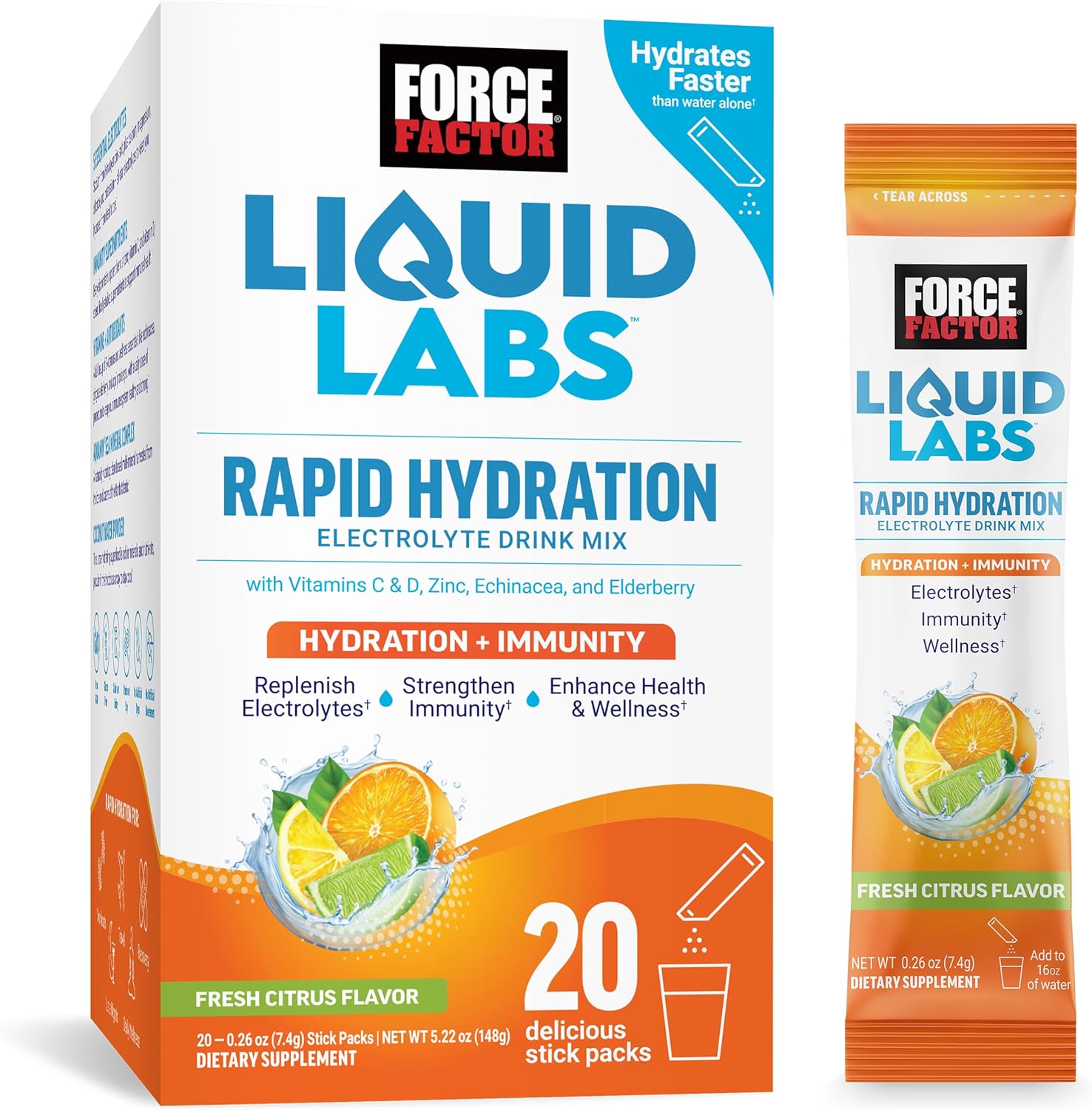 Force Factor Liquid Labs Immunity Electrolytes Powder & Immune Support Supplement,Hydration Packets With Immunity Vitamins,Electrolytes,Minerals,& Antioxidants,Fresh Citrus Flavor,20 Stick Packs
