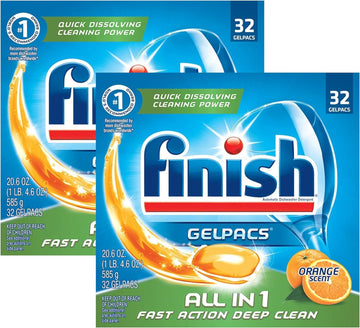 Finish All In 1 Gelpacs, Orange 32 Tabs, Dishwasher Detergent Tablets (Pack of 2)