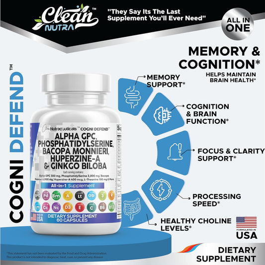 Clean Nutraceuticals Alpha Gpc Choline 300Mg Phosphatidylserine 3000Mg Bacopa Monnieri 6000Mg Ginkgo Biloba 2000Mg Huperzine A 400Mcg Supplement With Urdine Lions Mane Cats Claw Nac Vitamin C B D E