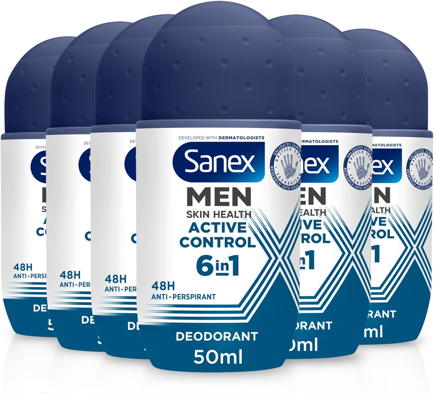 Sanex Men Active Control Antiperspirant Roll-On Deodorant 6X50Ml, 48 Hour Sweat Protection, Anti-Odour, Long-Lasting Dryness, Freshness, Gentle On Skin, Antibacterial, 0% Alcohol