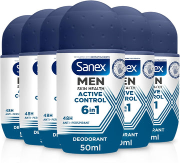 Sanex Men Active Control Antiperspirant Roll-On Deodorant 6X50Ml, 48 Hour Sweat Protection, Anti-Odour, Long-Lasting Dryness, Freshness, Gentle On Skin, Antibacterial, 0% Alcohol