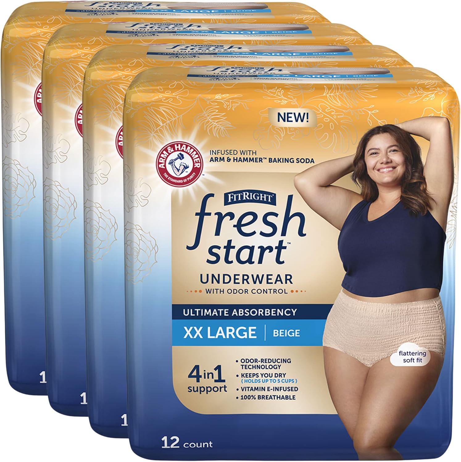 Fitright Fresh Start Incontinence And Postpartum Underwear For Women, Xxl, Beige (48 Count) Ultimate Absorbency, Disposable Underwear With The Odor-Control Power Of Arm & Hammer