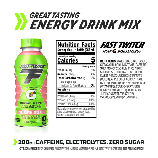 Fast Twitch Energy Drink From Gatorade, Strawberry Lemonade, 12Oz Bottles, (12 Pack), 200Mg Caffeine, Zero Sugar, Electrolytes