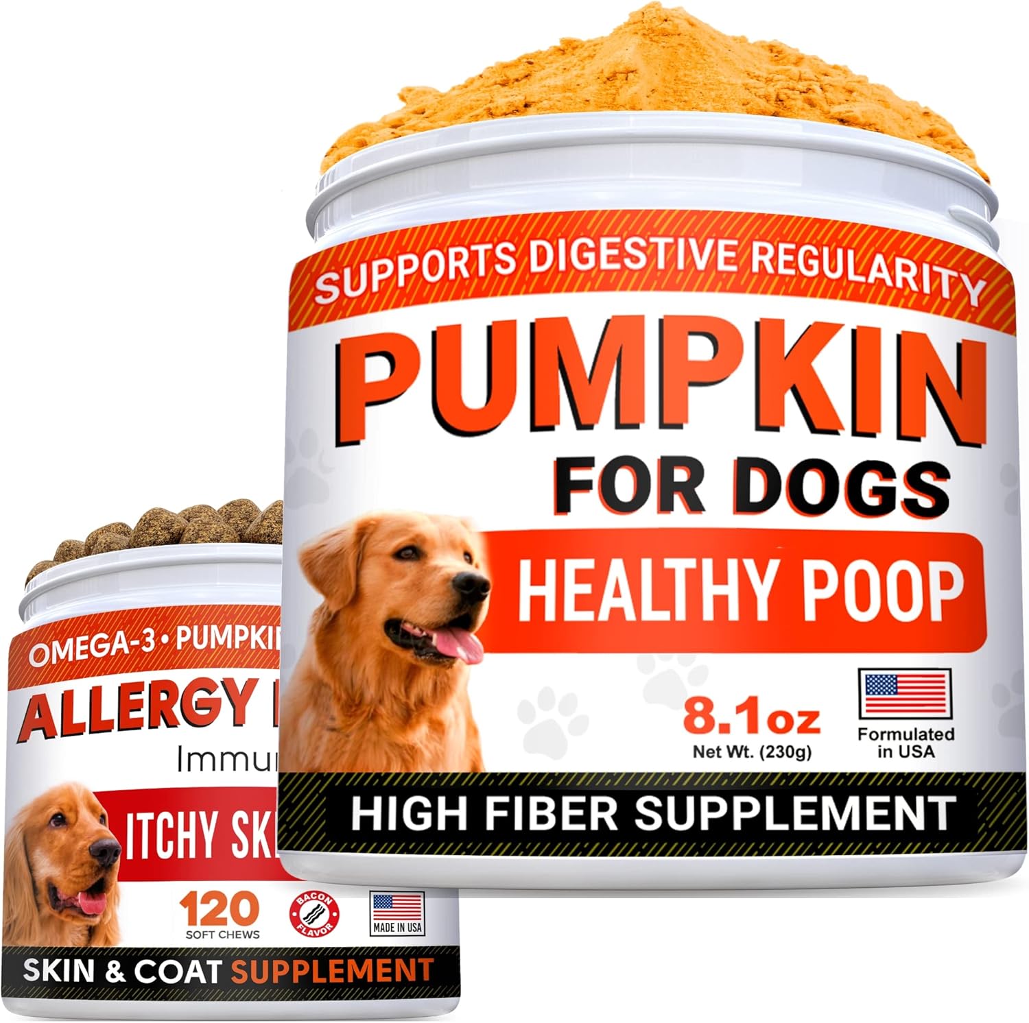 Pumpkin For Dogs + Allergy Relief Bundle - Upset Stomach + Itchy Skin Relief - Pure Pumpkin Powder + Omega 3 + Enzymes + Turmeric - Digestion Support + Skin & Coat Health - 8.1Oz + 120Ct - Made In Usa