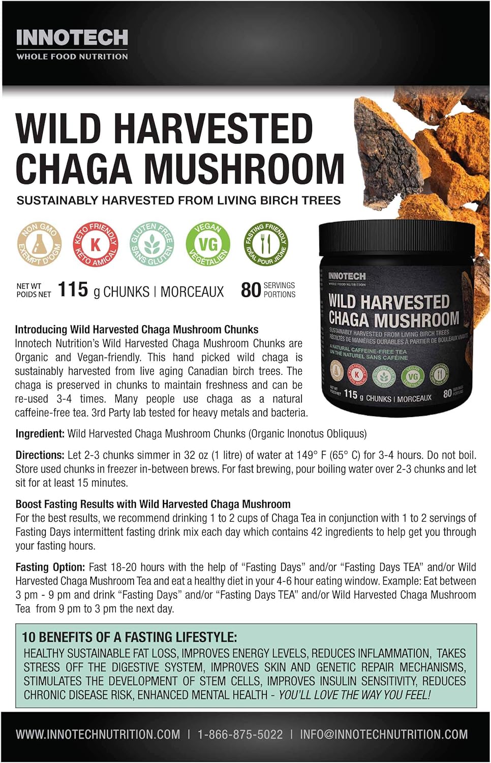 INNOTECH Nutrition: Wild Harvested Chaga Mushroom Chunks - 115 g : Health & Household