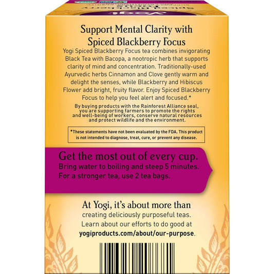 Yogi Tea Spiced Blackberry Focus Tea - 16 Tea Bags Per Pack (4 Packs) - Organic Blackberry Tea For Focus With Caffeine - Includes Black Tea Leaf, Hibiscus Flower, Cinnamon Bark & More