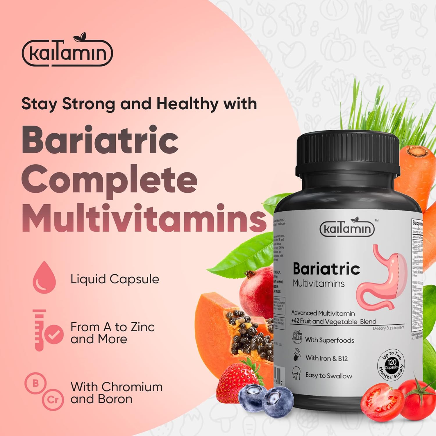 Kaitamin Bariatric Multivitamin With Iron – After Bariatric Surgery – Easy To Swallow – For Women & Men – Gastric Bypass & Sleeve Support – B12 + 42 Superfoods – 120 Caps – 2 Month Supply : Health & Household