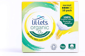 Lil-Lets Organic Cotton Normal Pads, 10 Count, Ultra Thin, with Wings, for Light to Medium Flow, GOTS Certified, Plastic Free, Biodegradable, 100% Organic Cotton Top Cover and Absorbent Core